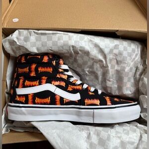 Vans Thrasher Black and Orange High-Tops Skate Sk8-Hi‎ 'Allover Thrasher Logo'